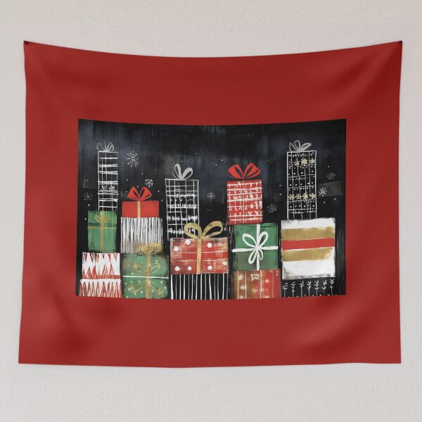 Item preview, Vibrant Stack of Christmas Gifts with Starburst Designs Against a Dark Background Abstract Digital Art designed and sold by OlfactoART Studio.