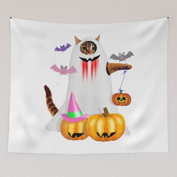 Item preview, Halloween - a cat in a ghost costume and pumpkins designed and sold by Andy-und-Andy.