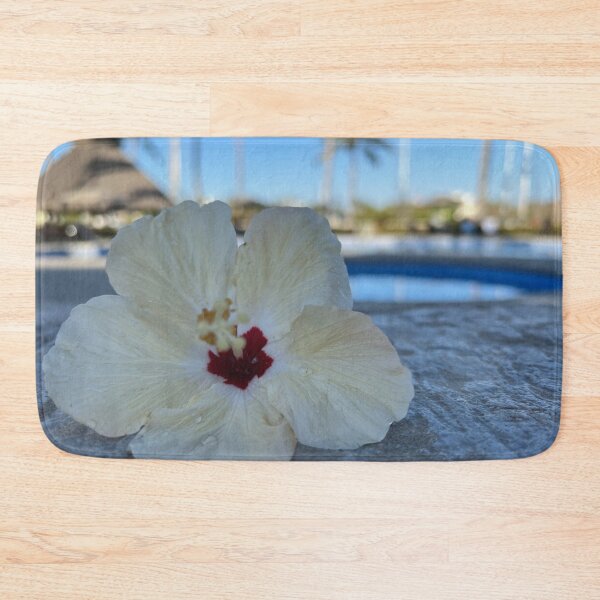 Item preview, Tropical Photograph of White hibiscus poolside near hut in Mexico designed and sold by Chantockey.