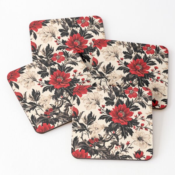 Item preview, FLORAL AND TROPICAL PATTERN O29 - Gift items and personal use / Toile, Red, Leaves, Black, Flowers,  Cream, Vintage, Ornamented, Art designed and sold by LumDesignArt.