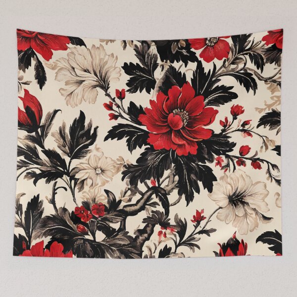 Item preview, FLORAL AND TROPICAL PATTERN O29 - Gift items and personal use / Toile, Red, Leaves, Black, Flowers,  Cream, Vintage, Ornamented, Art designed and sold by LumDesignArt.
