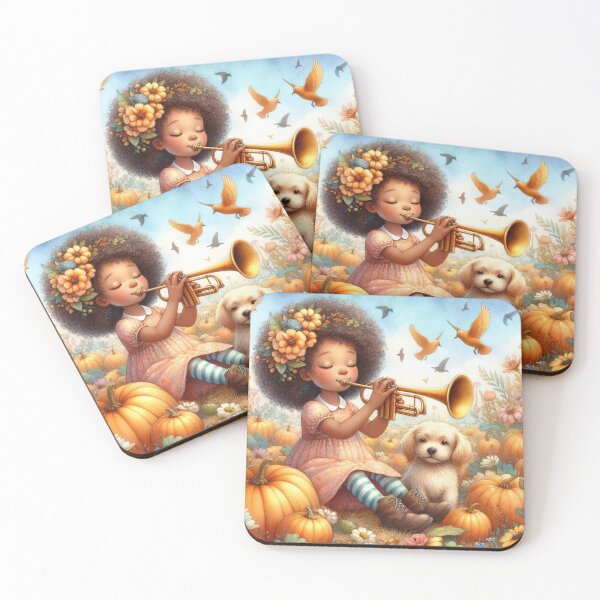 Item preview, Girl Playing Trumpet with Puppy and Birds in Flowery Pumpkin Patch designed and sold by ElegantTeaTime.