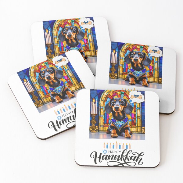Item preview, Happy Hanukkah Dachshund Dreaming of Gifts – Stained Glass Temple Design designed and sold by Fredster1966.