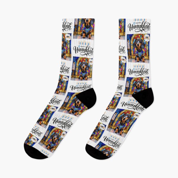 Item preview, Happy Hanukkah Dachshund Dreaming of Gifts – Stained Glass Temple Design designed and sold by Fredster1966.
