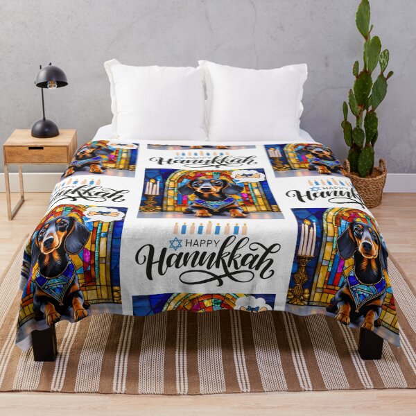 Item preview, Happy Hanukkah Dachshund Dreaming of Gifts – Stained Glass Temple Design designed and sold by Fredster1966.