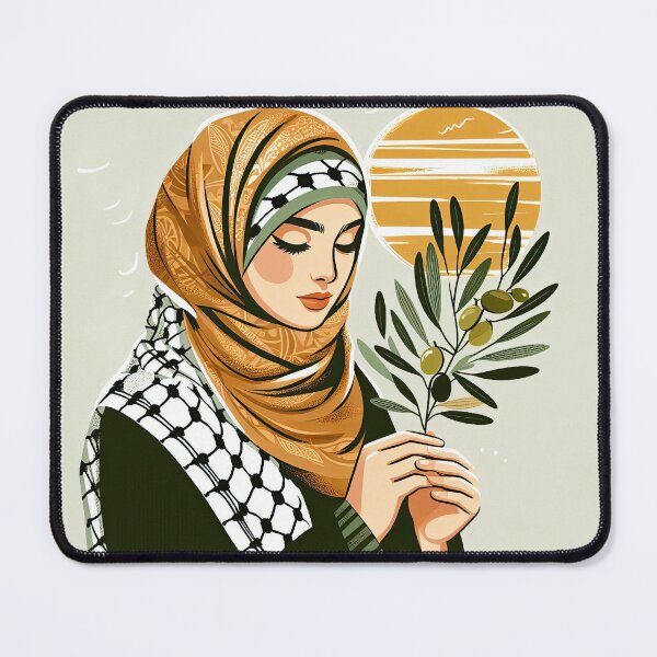 Item preview, palestinian women holds olive branch wears keffiyeh hijab in summer designed and sold by Slice Of Seed.