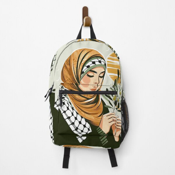Artikelvorschau, palästinensische Frau hält Olivenzweig trägt Kufiya Hijab im Sommer entworfen und verkauft von Slice Of Seed.