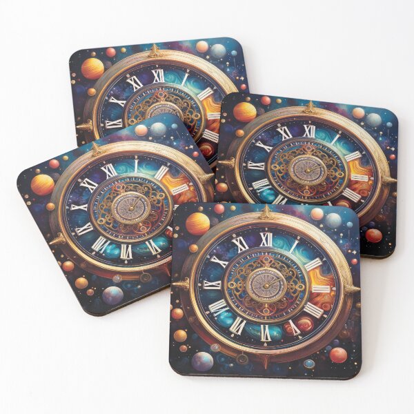 Item preview, A celestial clock, adorned with intricate golden details and set against a backdrop of swirling galaxies and planets design. designed and sold by HEMRO.
