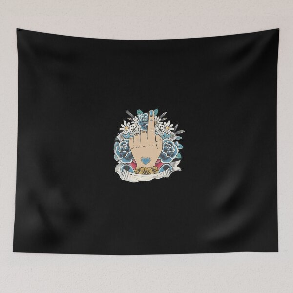 Item preview, Shows a Hand With the Index Finger Raised,  Surrounded by Blue and white Flowers with Green Leaves and a Banner Below designed and sold by macadolie.