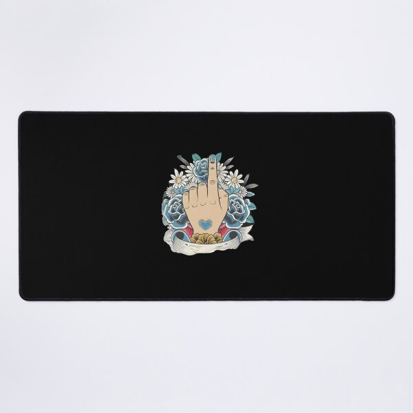 Item preview, Shows a Hand With the Index Finger Raised, Surrounded by Blue and white Flowers with Green Leaves and a Banner Below designed and sold by macadolie.