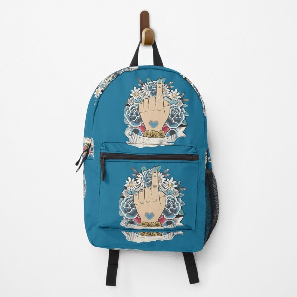 Item preview, Shows a Hand With the Index Finger Raised, Surrounded by Blue and white Flowers with Green Leaves and a Banner Below designed and sold by macadolie.