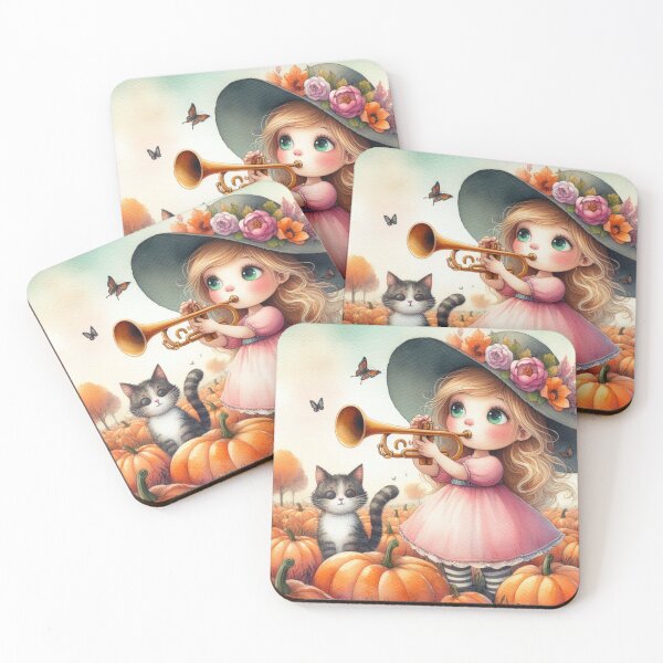 Item preview, Girl with Flowery Hat Playing Trumpet with Tabby Cat and Butterflies in Pumpkin Patch designed and sold by ElegantTeaTime.