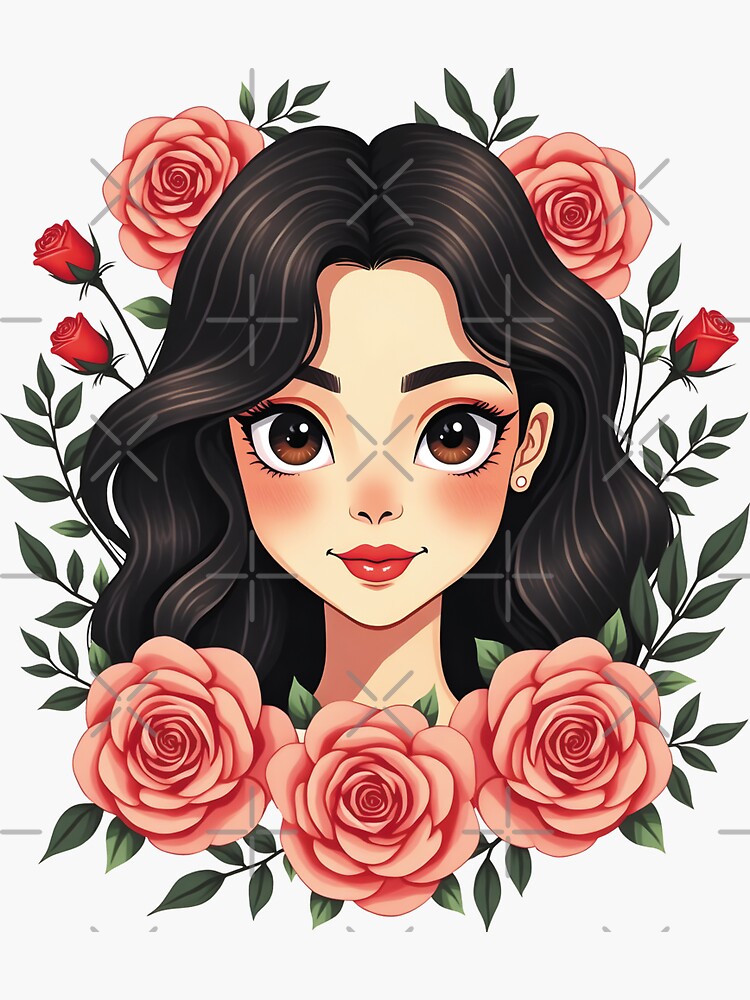 Thumbnail 3 of 3, Sticker, Black-Haired Anime Girl with Roses designed and sold by FotiraStudio.