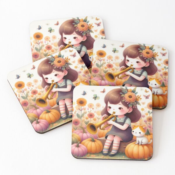 Item preview, Girl Playing Trumpet with Orange Calico Kitty Cat and Butterflies in Colorful Flowery Pumpkin Garden designed and sold by ElegantTeaTime.