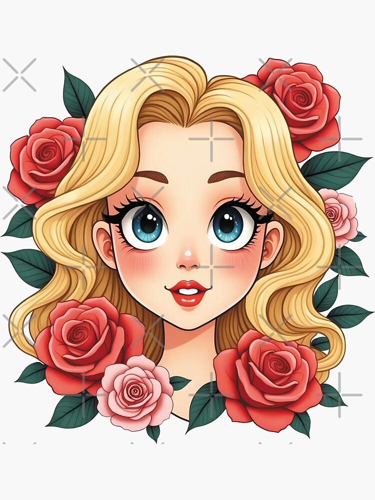 Thumbnail 3 of 3, Sticker, Blonde Anime Girl with Roses designed and sold by FotiraStudio.