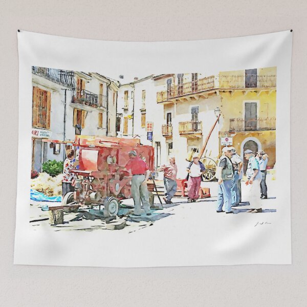 Item preview, Peasants around the threshing machine in the square designed and sold by Giuseppe Cocco.