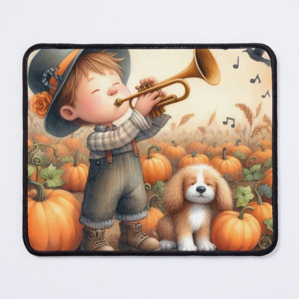 Item preview, Farmer Boy with Hat Playing Trumpet with Puppy Dog in Pumpkin Field with Birds designed and sold by ElegantTeaTime.