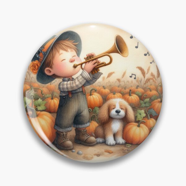Item preview, Farmer Boy with Hat Playing Trumpet with Puppy Dog in Pumpkin Field with Birds designed and sold by ElegantTeaTime.