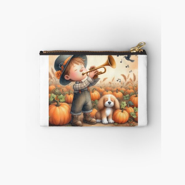 Item preview, Farmer Boy with Hat Playing Trumpet with Puppy Dog in Pumpkin Field with Birds designed and sold by ElegantTeaTime.