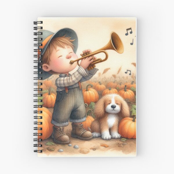 Item preview, Farmer Boy with Hat Playing Trumpet with Puppy Dog in Pumpkin Field with Birds designed and sold by ElegantTeaTime.