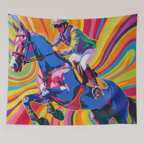 Item preview, Horse and rider show jumping event psychedelic Active Outdoors Inspired Art designed and sold by CDC40.