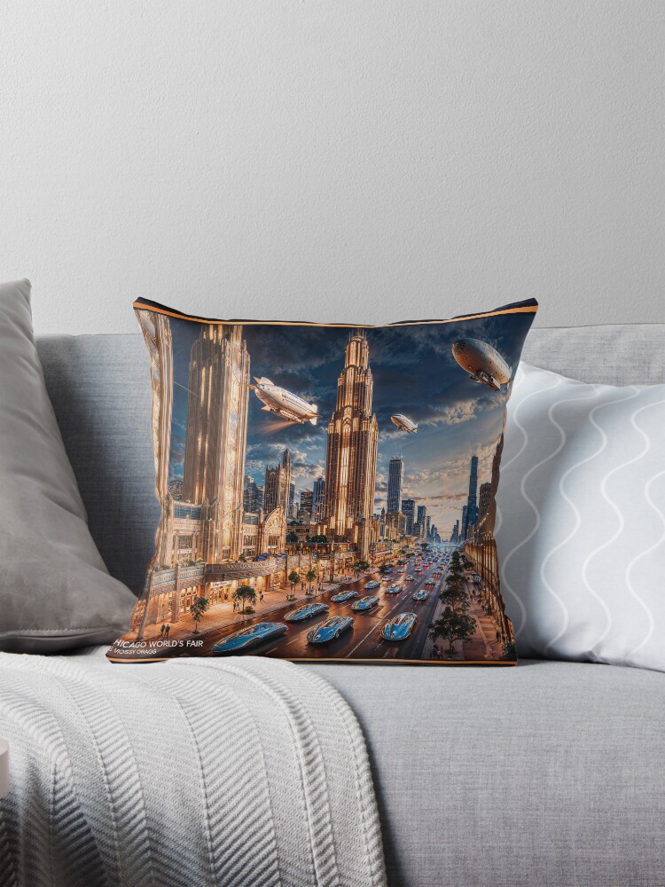 Retro-Futuristic Cityscape Of The 2253 Chicago World's Fair AI Concept Art by Xzendor7 | A Sensational Event 4 Retro-Futuristic Cityscape Of The 2253 Chicago World's Fair Astonishing AI Concept Art by Xzendor7 Decorative Art Print Throw Pillow