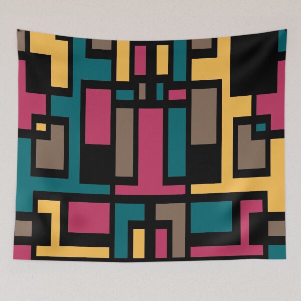 Item preview, Geometric Art Deco Style Blue Pink Brown Yellow Black Outline  designed and sold by taiche.