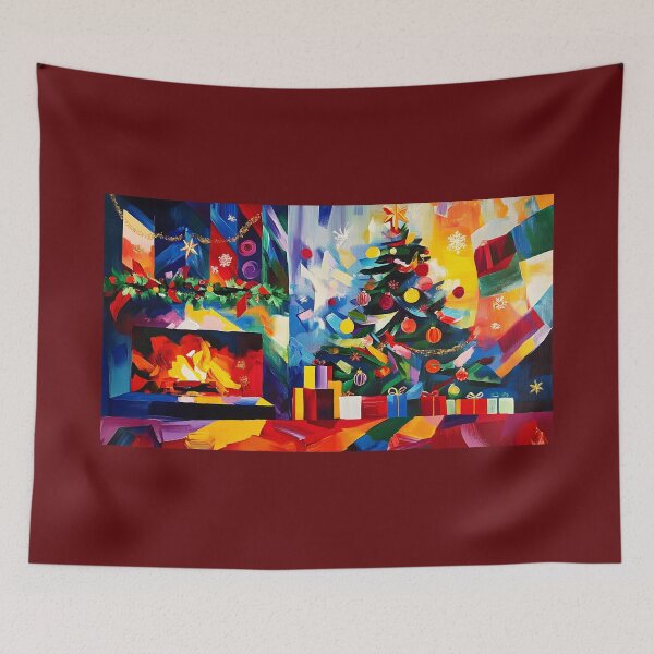 Item preview, Vibrant Christmas Living Room with Decorated Tree and Cozy Fireplace AI Generated Abstract Art designed and sold by OlfactoART Studio.