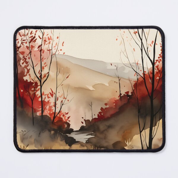 Item preview, A vibrant watercolor painting of autumn leaves falling amidst a forest of red trees and a distant valley designed and sold by Lightweav.