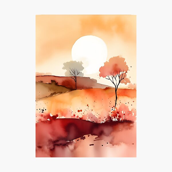 Item preview,  sunset by mountains  with a tree minimalist style watercolorpainting art  designed and sold by Lightweav.