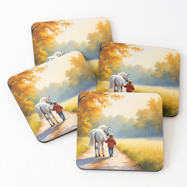 Item preview, Tranquil Stroll - Child and White Horse in Autumn Serenity designed and sold by Delemore Art.