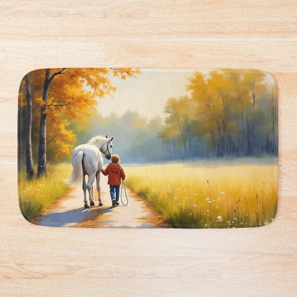 Item preview, Tranquil Stroll - Child and White Horse in Autumn Serenity designed and sold by Delemore Art.