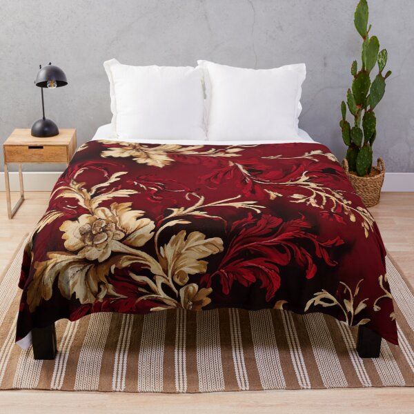 Aperçu de l'œuvre MOTIF FLORAL ET TROPICAL O30 - Articles cadeaux et usage personnel / Toile, Rouge foncé, Grenat, Feuilles, Bordeaux, Fleurs, Crème, Or, Vintage, Ornementé, Vectoriel, Art créée et vendue par LumDesignArt.