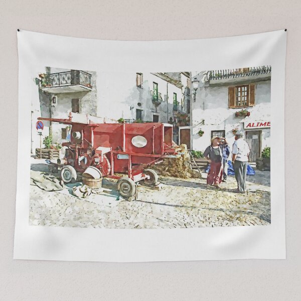 Item preview, Peasants around the threshing machine in the square designed and sold by Giuseppe Cocco.