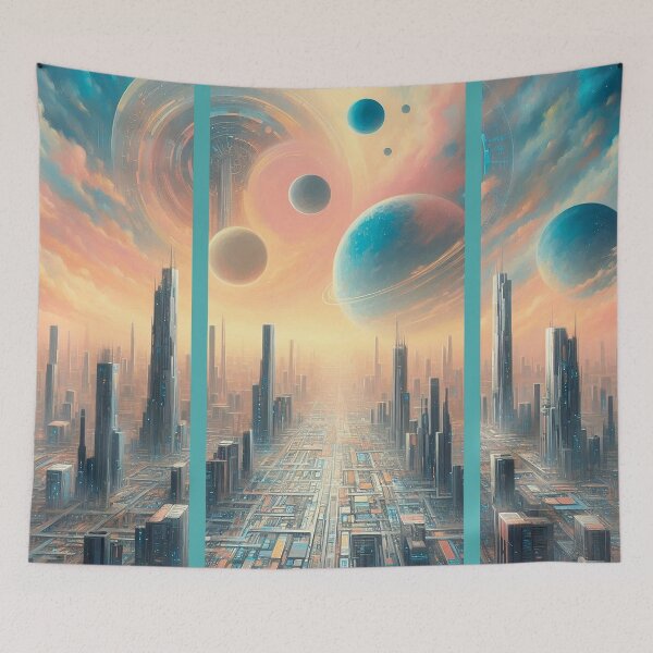 Item preview, Futuristic cityscape triptych designed and sold by Foxlindesigns.