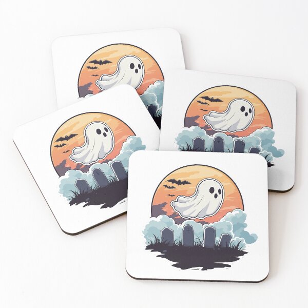 Item preview, playful ghost floats above graveyard under spooky sunset, surrounded by clouds and bats, designed and sold by put1mali19.