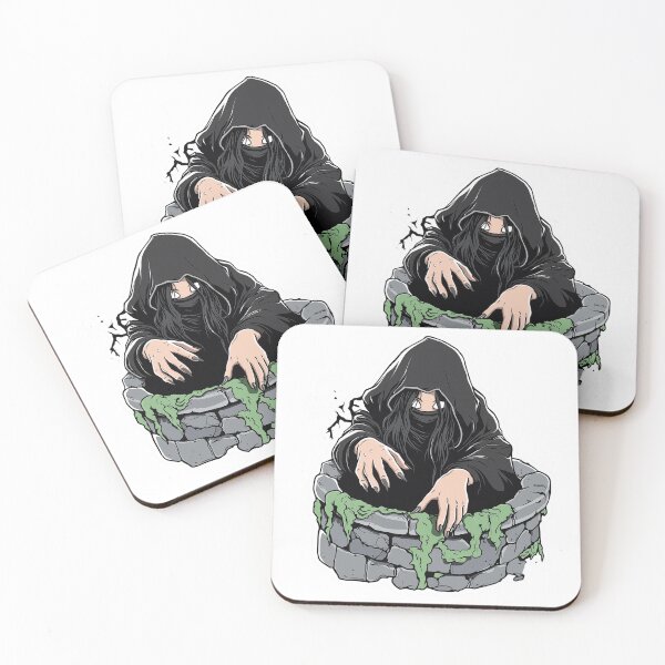Item preview, mysterious figure in dark hood emerges from stone well, with long designed and sold by put1mali19.