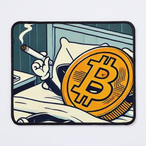 Item preview, Smoking Bitcoin Relaxing in Bed | Funny Cryptocurrency Cartoon designed and sold by mkzmerch.