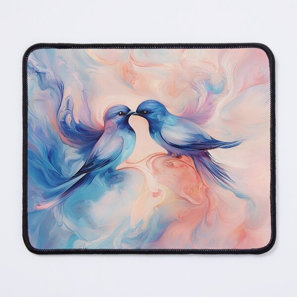 Item preview, An abstract art piece featuring two birds showing affection towards each other, their forms blending into swirling, colorful patterns. The colors are soft and romantic designed and sold by nopadon.