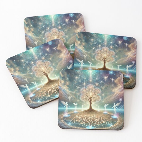 Item preview, Angels dancing around a tree and flower of life grid designed and sold by ValerieStOnge.