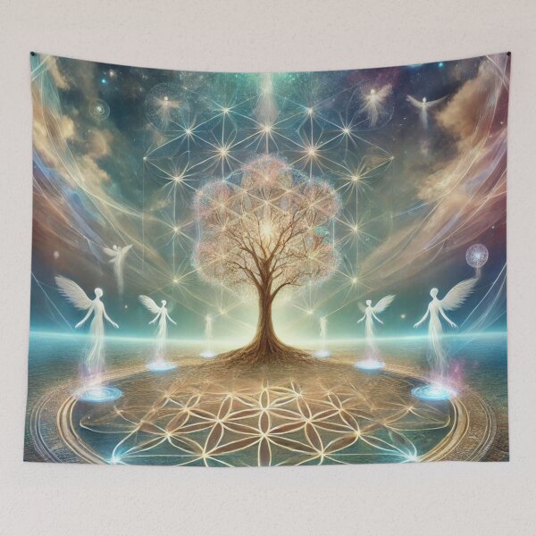 Item preview, Angels dancing around a tree and flower of life grid designed and sold by ValerieStOnge.