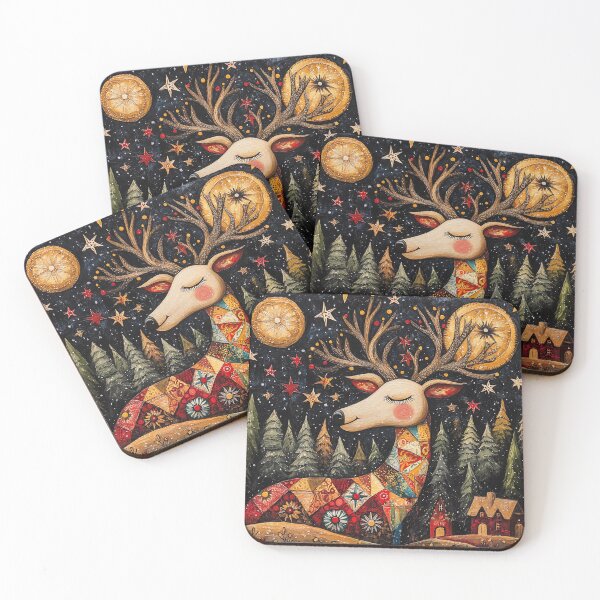 Aperçu de l'œuvre Scène de Noël fantaisiste d'art populaire, motif de cerf festif, décoration de vacances pour vêtements et articles ménagers, idée cadeau unique créée et vendue par MTJ-Mushrooms.