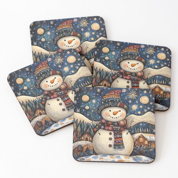 Item preview, Whimsical Winter Snowman Art, Christmas Holiday Folk Art Scene, Cozy Winter Night Decor, Festive Apparel Household Gift designed and sold by MTJ-Mushrooms.