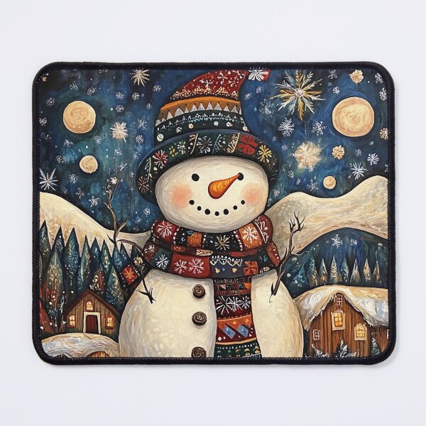 Item preview, Whimsical Winter Snowman Art, Christmas Holiday Folk Art Scene, Cozy Winter Night Decor, Festive Apparel Household Gift designed and sold by MTJ-Mushrooms.