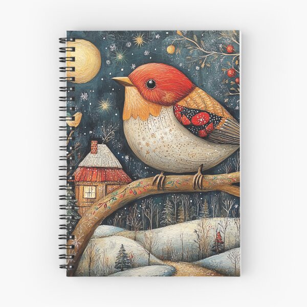 Item preview, Christmas Folk Art Scene, Bird on Winter Branch, Holiday Home Decor, Rustic Christmas Art, Whimsical Wildlife Illustration designed and sold by MTJ-Mushrooms.