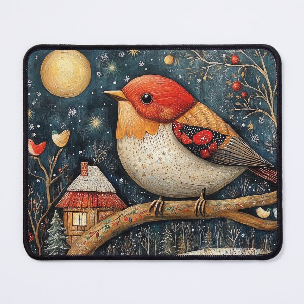 Item preview, Christmas Folk Art Scene, Bird on Winter Branch, Holiday Home Decor, Rustic Christmas Art, Whimsical Wildlife Illustration designed and sold by MTJ-Mushrooms.