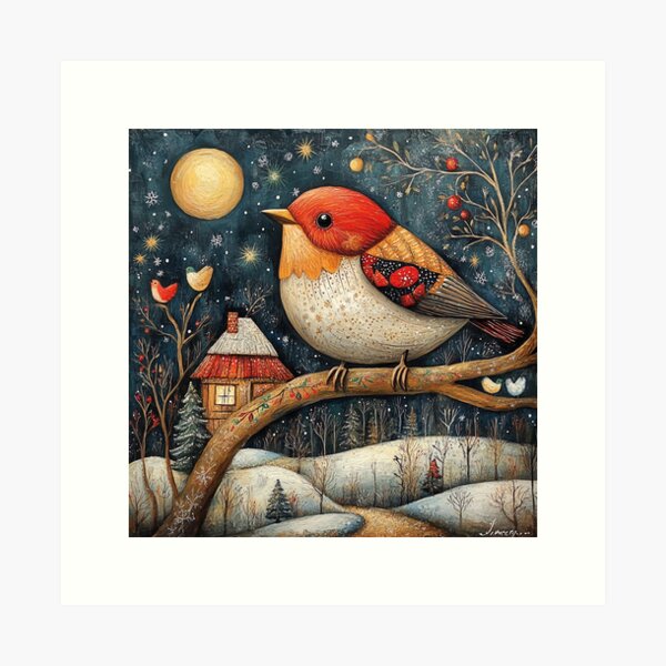 Vista previa del artículo con la obra «Escena de arte popular navideño, pájaro en una rama de invierno, decoración navideña para el hogar, arte navideño rústico, ilustración caprichosa de vida salvaje», diseñado y vendido por MTJ-Mushrooms.