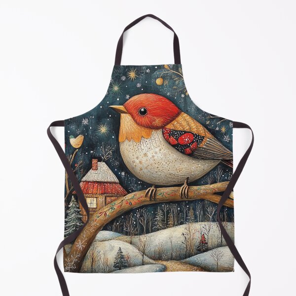 Item preview, Christmas Folk Art Scene, Bird on Winter Branch, Holiday Home Decor, Rustic Christmas Art, Whimsical Wildlife Illustration designed and sold by MTJ-Mushrooms.