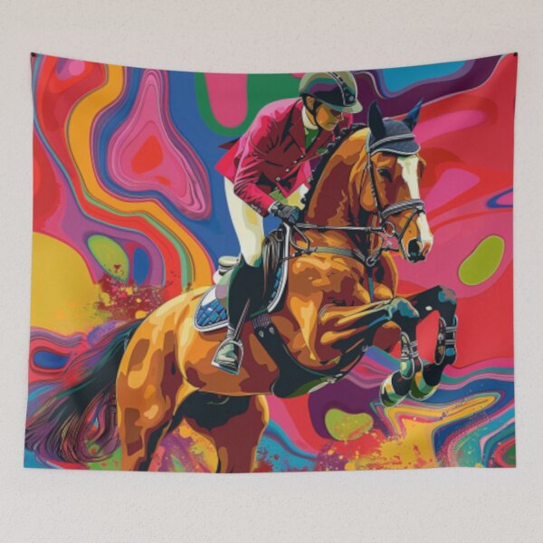 Item preview, Horse and rider show jumping event psychedelic Active Outdoors Inspired Art designed and sold by CDC40.