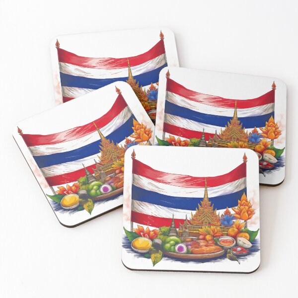 Item preview, Thailand Flag and Iconic Thai Temples with Food Art designed and sold by RaiyaTees.
